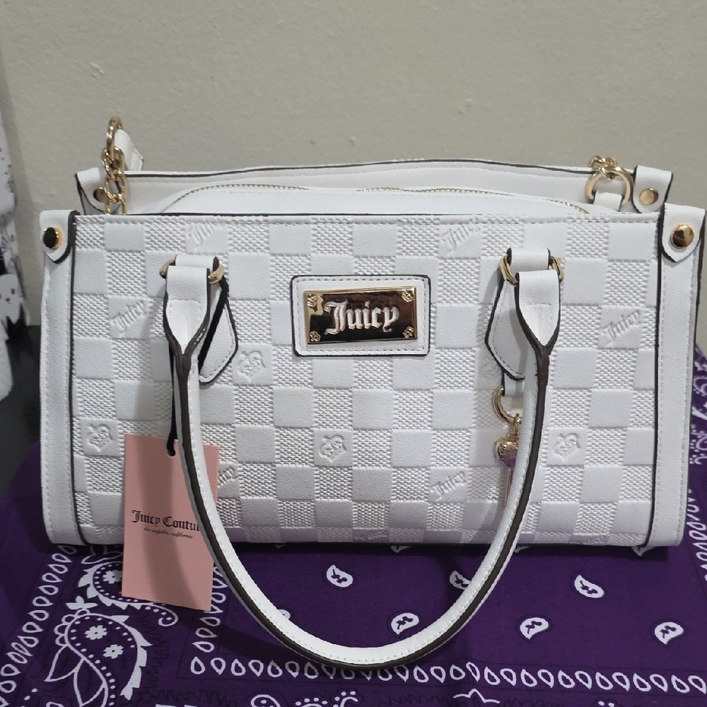 Juicy Couture White Embossed Checker Satchel with Gold Hardware